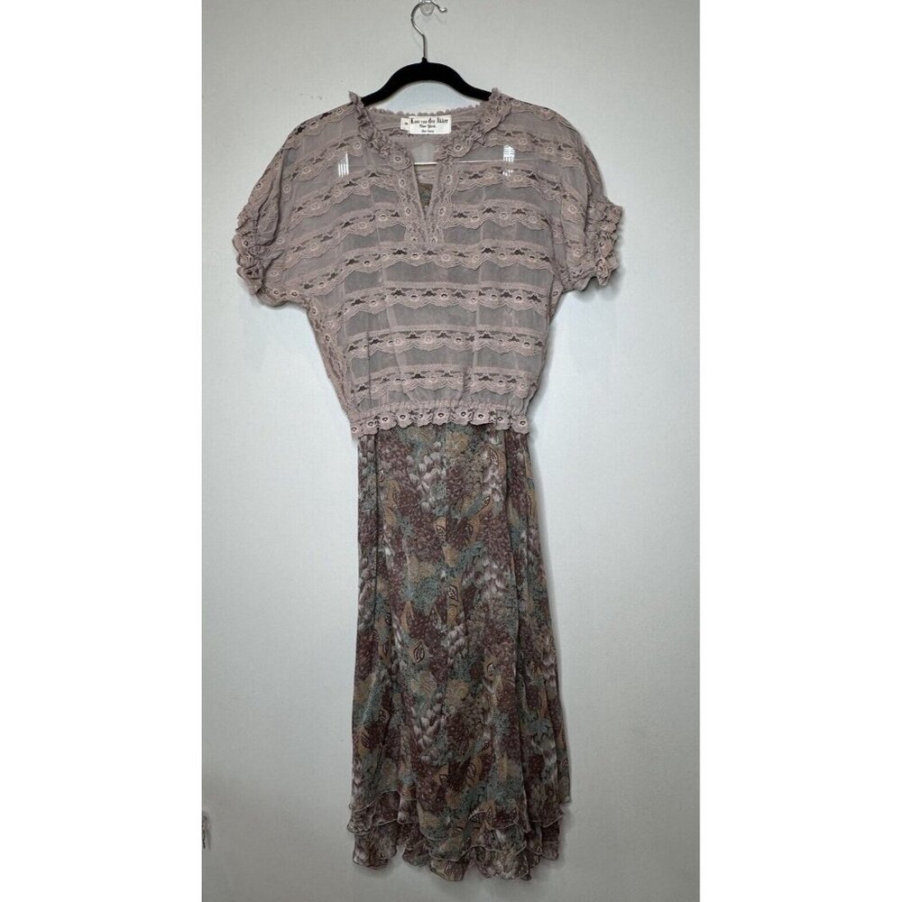 Vintage 70s Koos van den Akker 2-Piece Beige Lace Silk Skirt Outfit Set Sz S